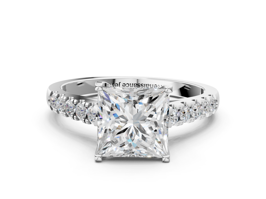 14K White Gold 3.01 Carat F VVS2 Princess Diamond Pavé Band Solitaire Ring with Prong Setting