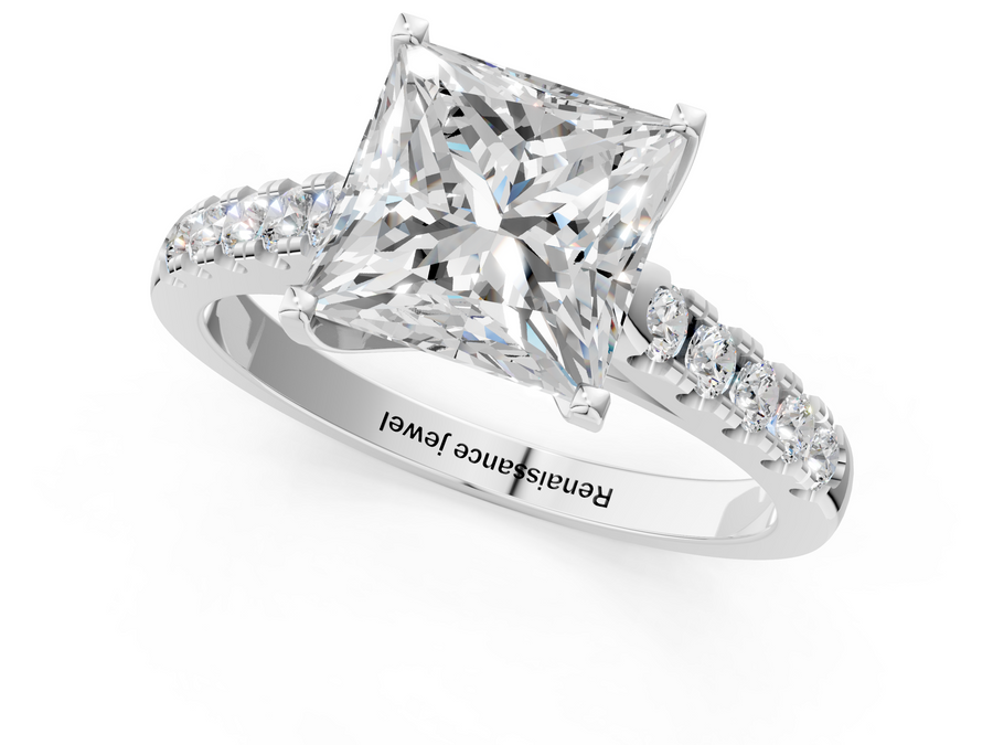 White gold Princess Cut Pavé Band Solitaire Ring with Four-Prong Setting