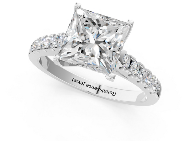 18K White Gold 2.29 Carat D VS2 Princess Diamond Pavé Band Solitaire Ring with Prong Setting