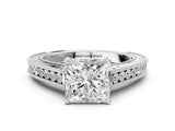 White gold Princess Cut Pave Band Milgrain Solitaire Ring_14