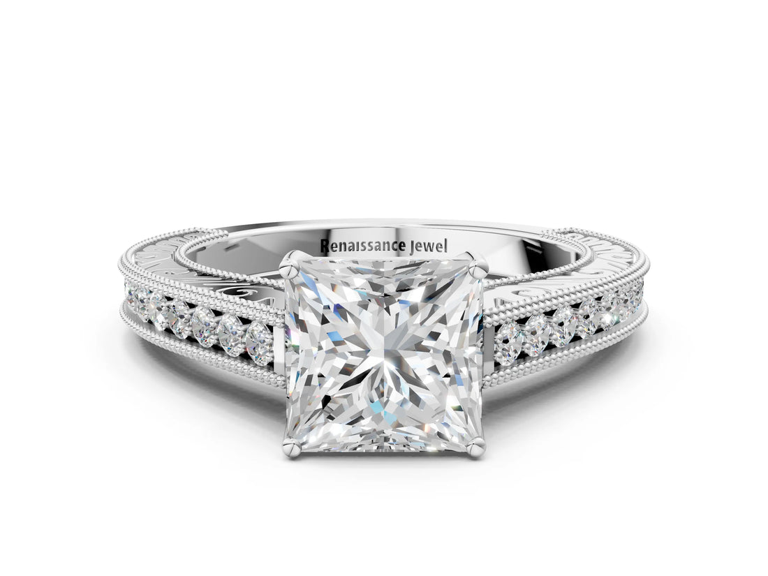 White gold Princess Cut Pave Band Milgrain Solitaire Ring_14