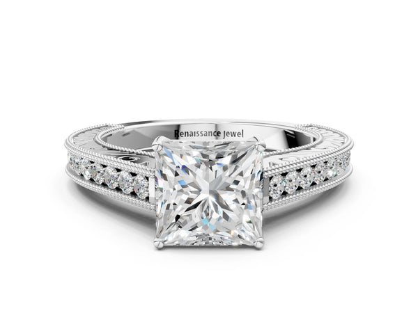 White gold Princess Cut Pave Band Milgrain Solitaire Ring