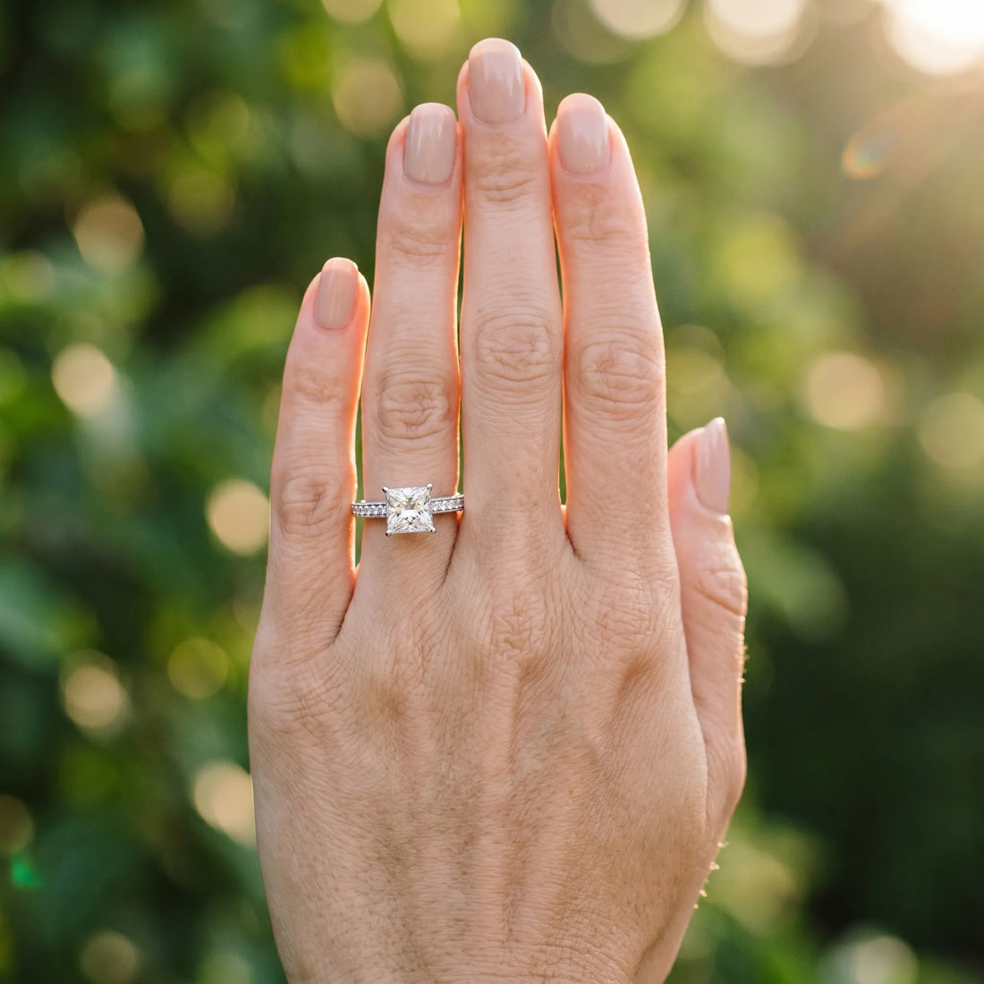 White gold Princess Cut Pave Band Milgrain Solitaire Ring_6