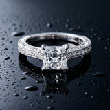 White gold Princess Cut Pave Band Milgrain Solitaire Ring_9