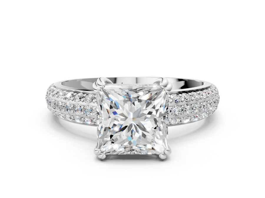 White gold Princess Cut Pave Diamond Engagement Ring with Channel Set Band and Four-Prong Setting