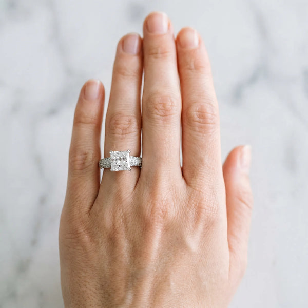 White gold Princess Cut Pave Diamond Engagement Ring with Channel Set Band and Four-Prong Setting