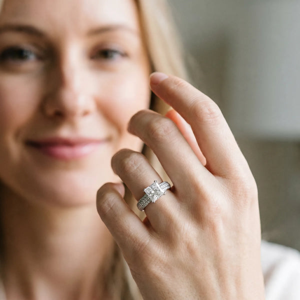White gold Princess Cut Pave Diamond Engagement Ring with Channel Set Band and Four-Prong Setting