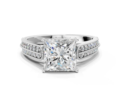 Silver 0.55 Carat E VVS1 Princess Cut Pave Split Shank Engagement Ring with Four-Prong Setting