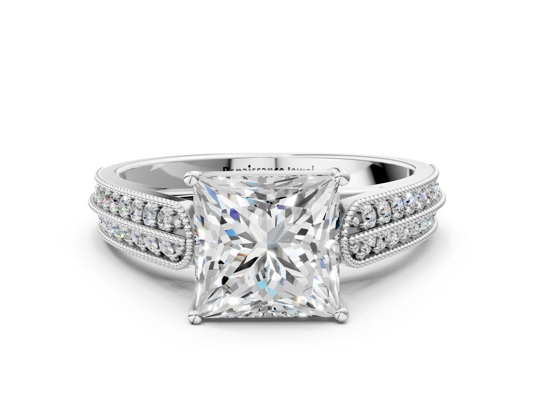 Silver 0.55 Carat E VVS1 Princess Cut Pave Split Shank Engagement Ring with Four-Prong Setting