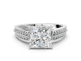 Silver 0.55 Carat E VVS1 Princess Cut Pave Split Shank Engagement Ring with Four-Prong Setting