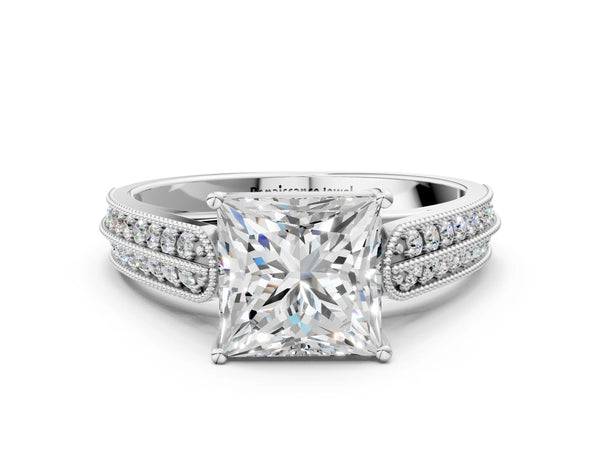 Silver 0.55 Carat E VVS1 Princess Cut Pave Split Shank Engagement Ring with Four-Prong Setting