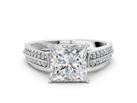 Silver 0.55 Carat E VVS1 Princess Cut Pave Split Shank Engagement Ring with Four-Prong Setting