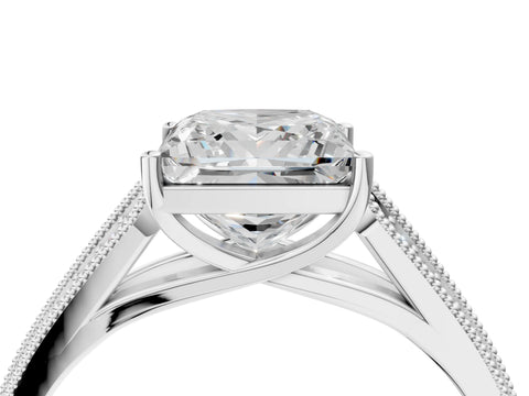 Silver 0.55 Carat E VVS1 Princess Cut Pave Split Shank Engagement Ring with Four-Prong Setting