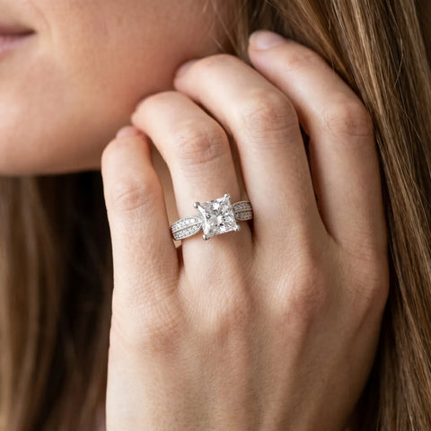 Silver 0.55 Carat E VVS1 Princess Cut Pave Split Shank Engagement Ring with Four-Prong Setting