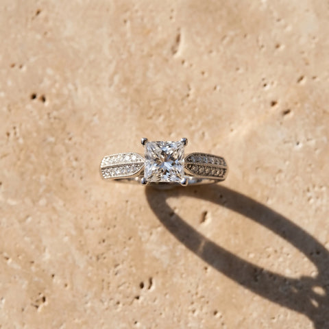 Silver 0.55 Carat E VVS1 Princess Cut Pave Split Shank Engagement Ring with Four-Prong Setting