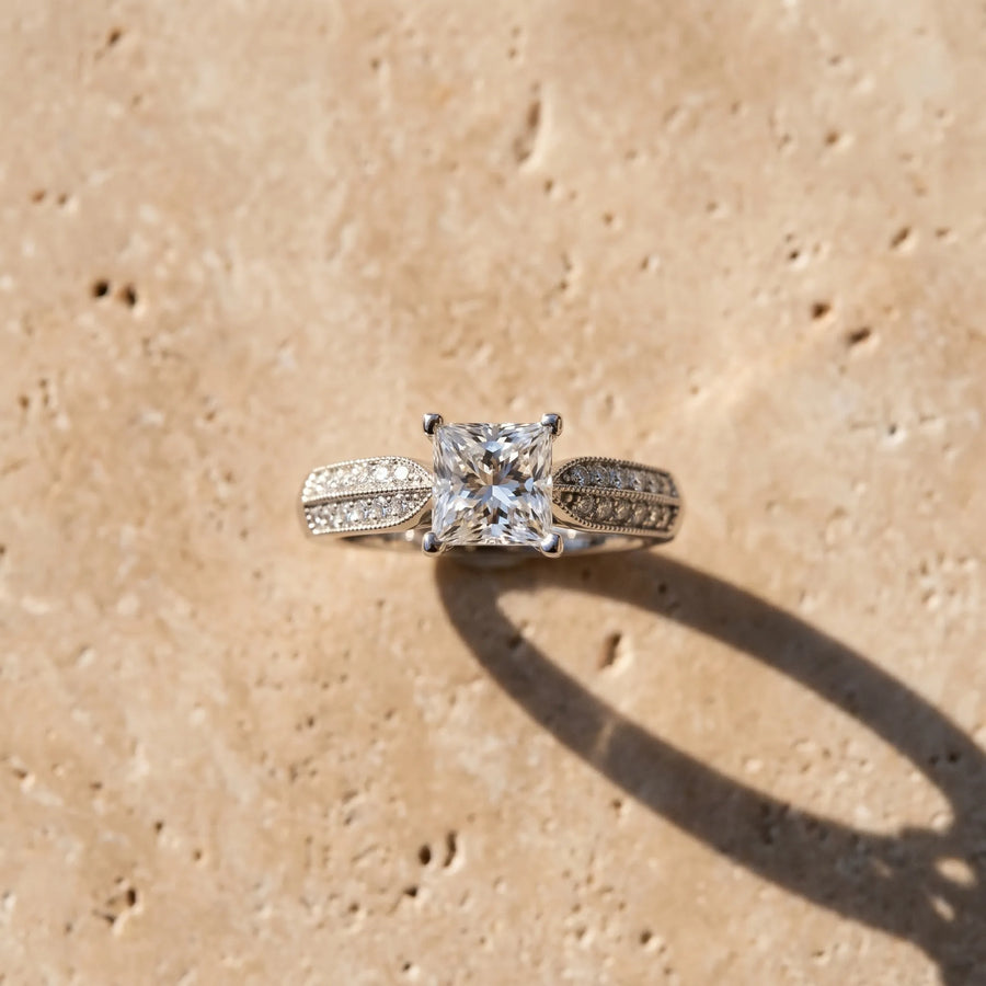 White gold Princess Cut Pave Split Shank Engagement Ring with Four-Prong Setting