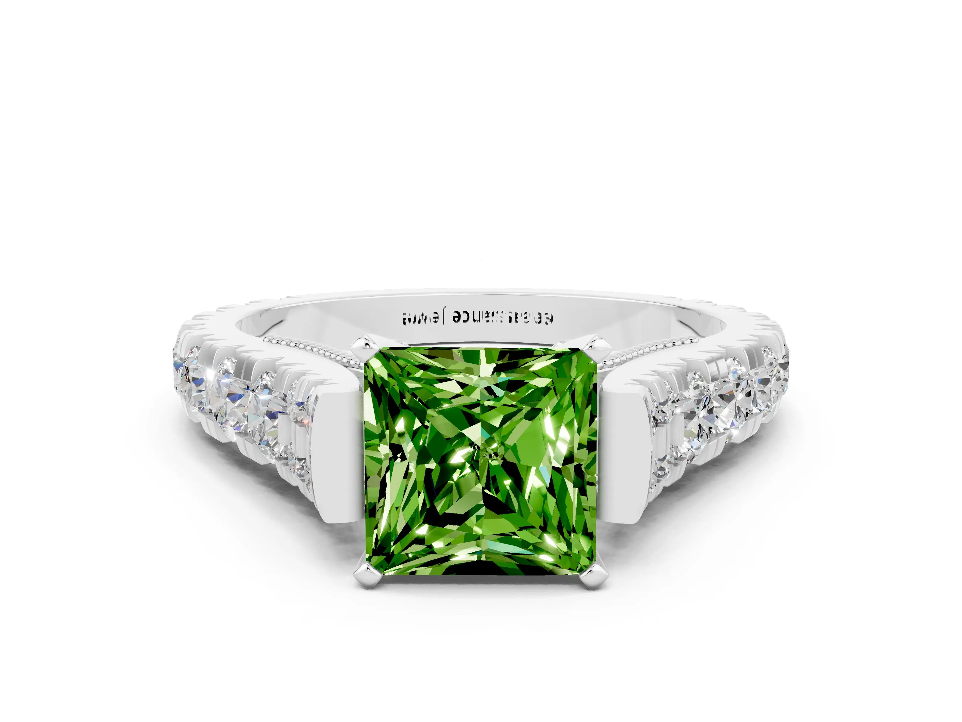 White gold Princess Cut Peridot Classic Solitaire Ring with Pavé Band and Four-Prong Setting