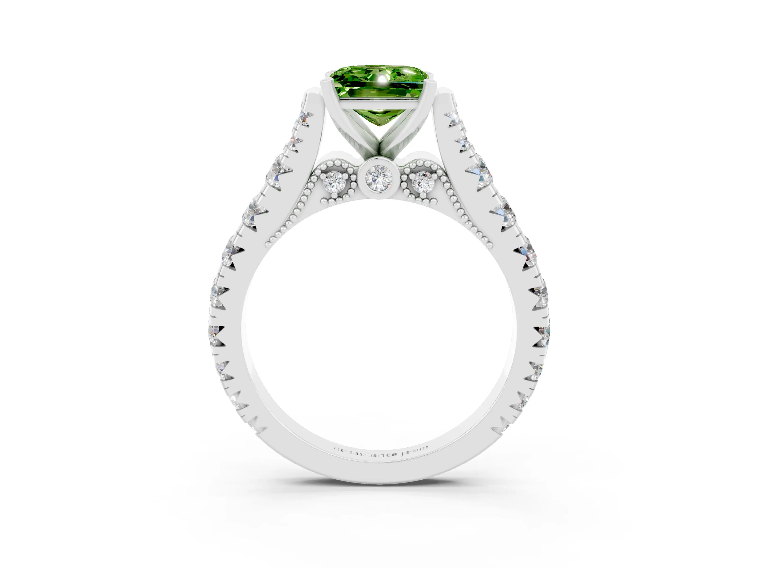 White gold Princess Cut Peridot Classic Solitaire Ring with Pavé Band and Four-Prong Setting_3