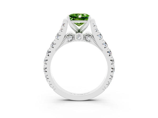 Silver Princess Cut Peridot Classic Solitaire Ring with Pavé Band and Four-Prong Setting