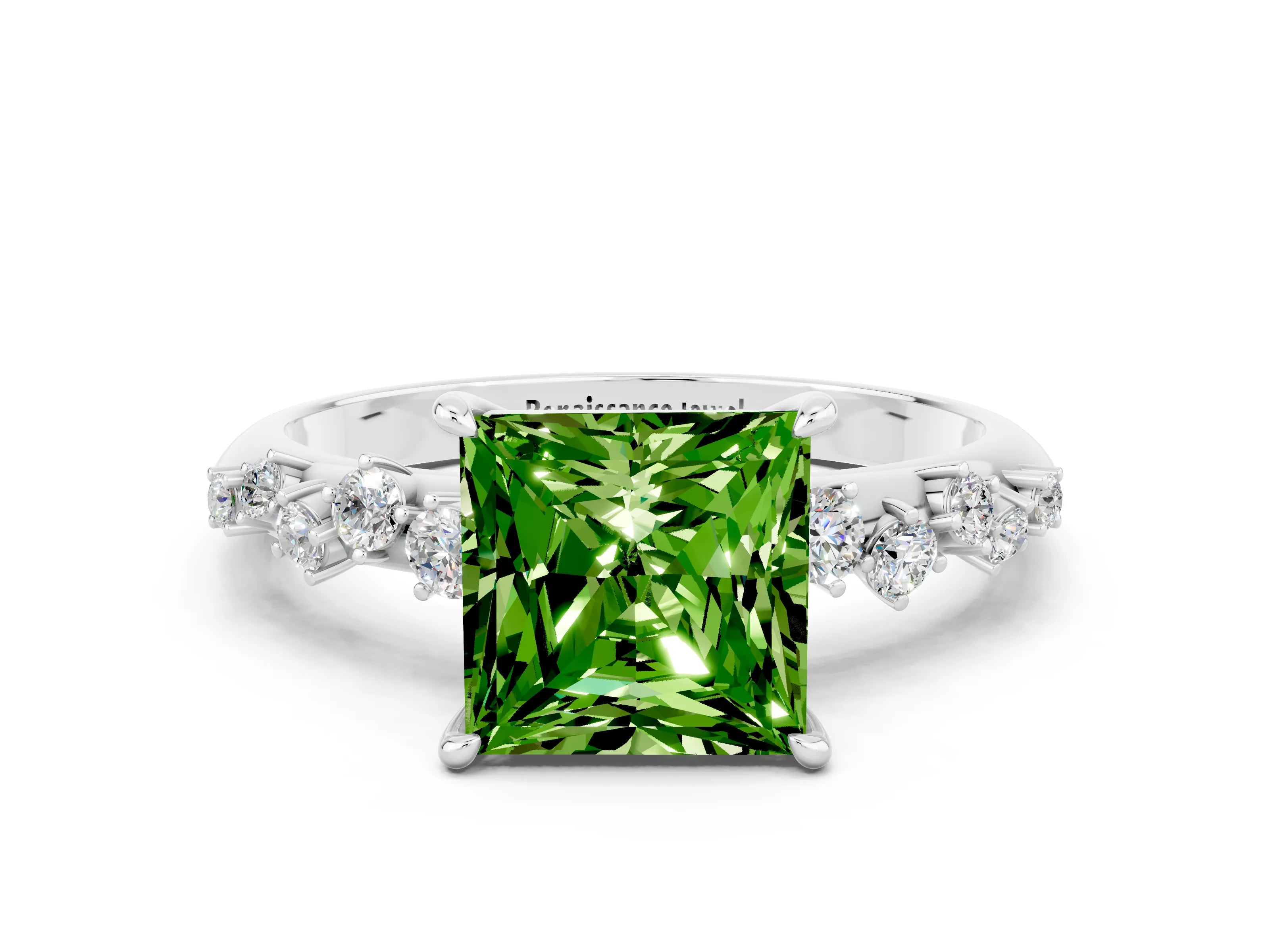 White gold Princess Cut Peridot Cluster Side Stone Solitaire Ring with Prong Setting_24