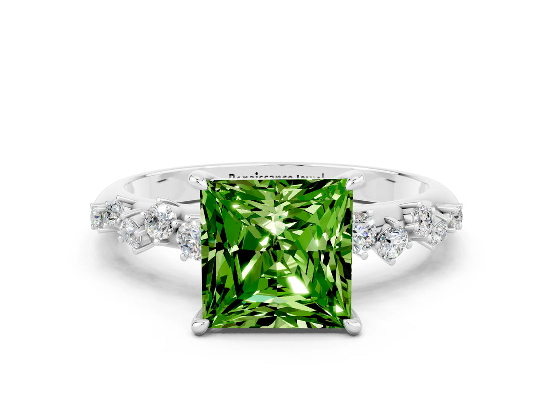 White gold Princess Cut Peridot Cluster Side Stone Solitaire Ring with Prong Setting_24