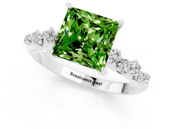 White gold Princess Cut Peridot Cluster Side Stone Solitaire Ring with Prong Setting