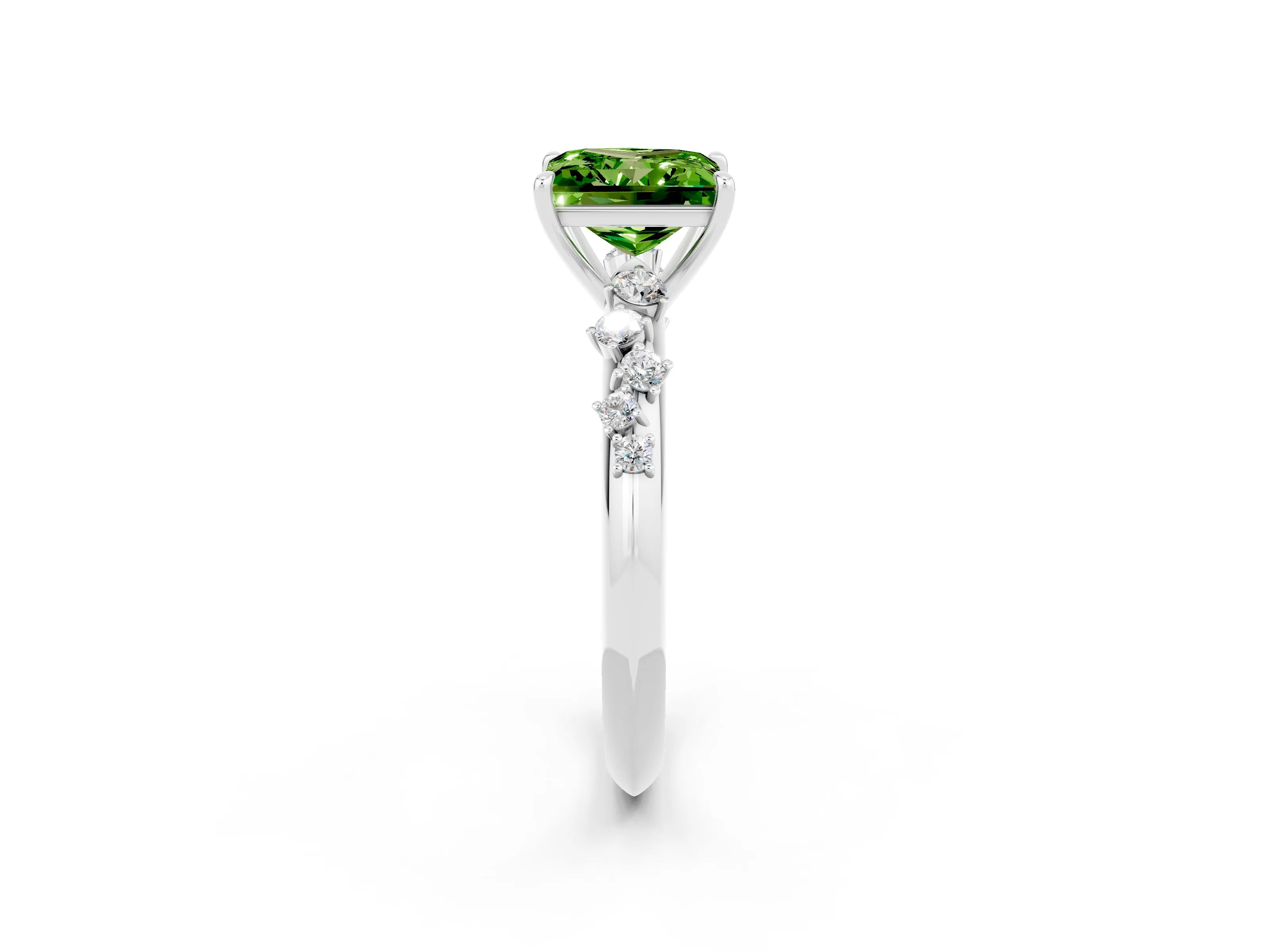 White gold Princess Cut Peridot Cluster Side Stone Solitaire Ring with Prong Setting_26