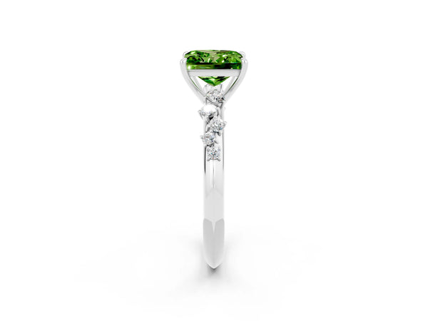 Silver Princess Cut Peridot Cluster Side Stone Solitaire Ring with Prong Setting