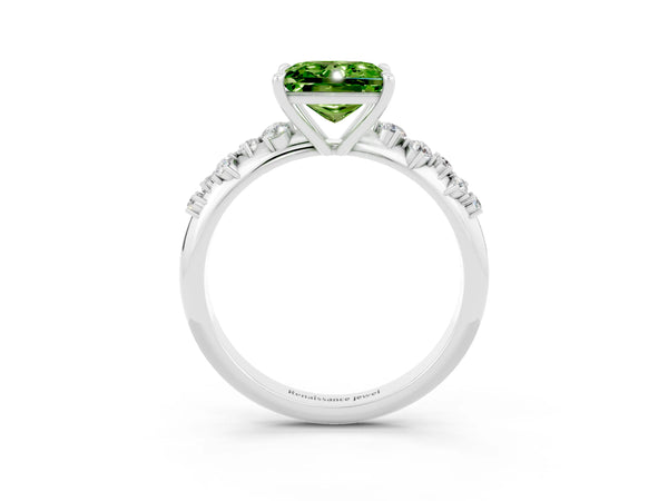 Platinum Princess Cut Peridot Cluster Side Stone Solitaire Ring with Prong Setting