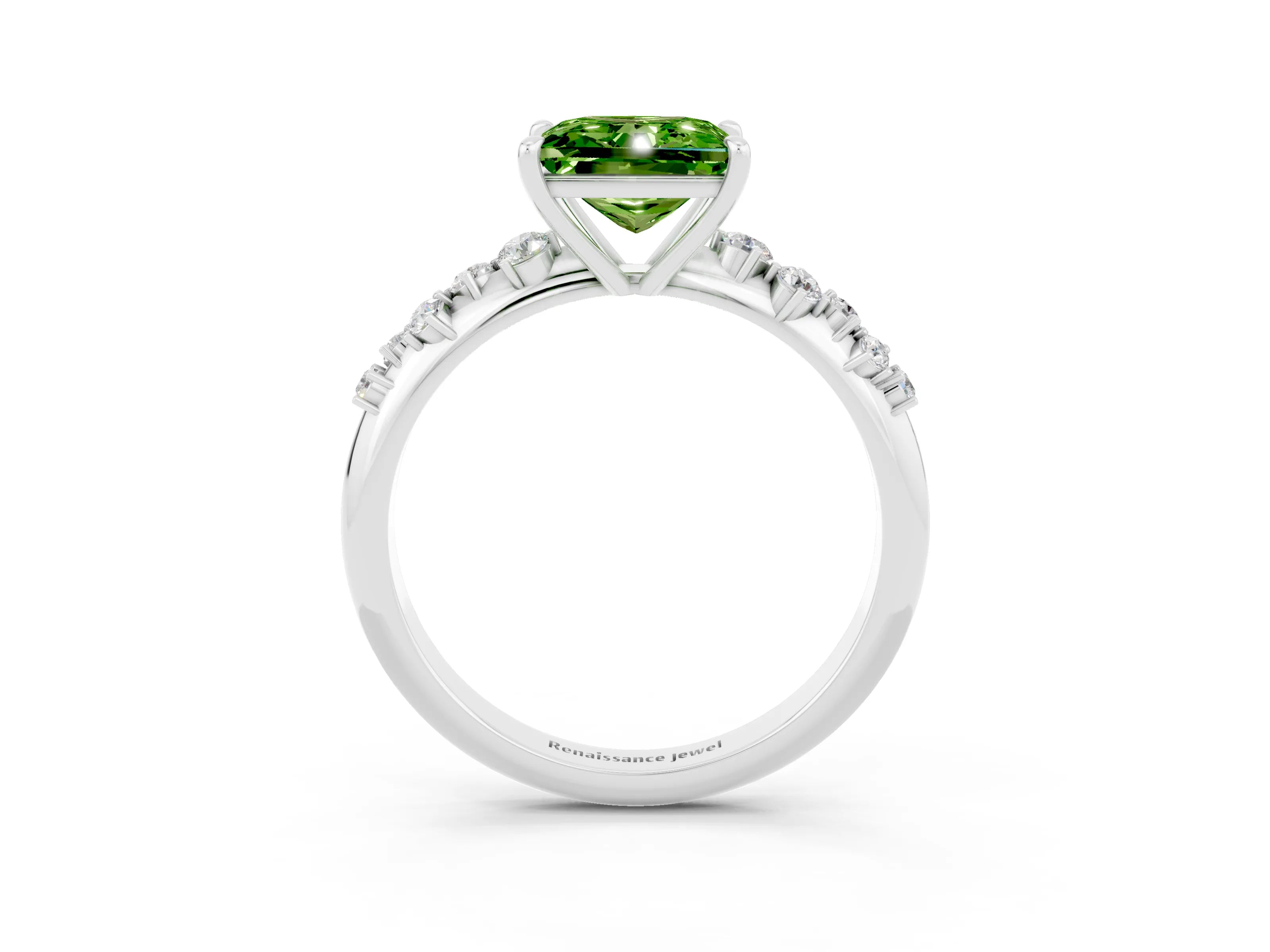 White gold Princess Cut Peridot Cluster Side Stone Solitaire Ring with Prong Setting_27