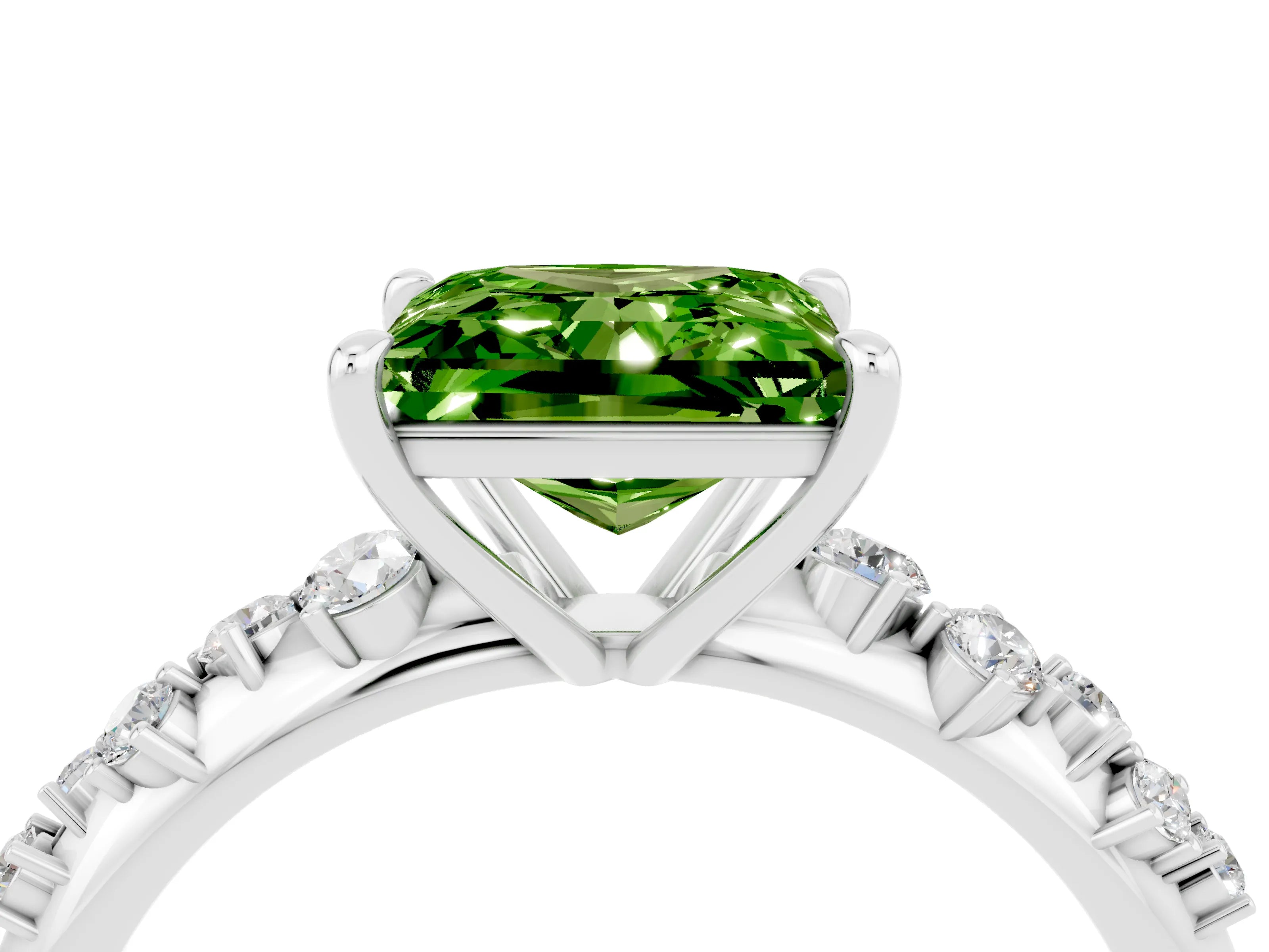 White gold Princess Cut Peridot Cluster Side Stone Solitaire Ring with Prong Setting_28