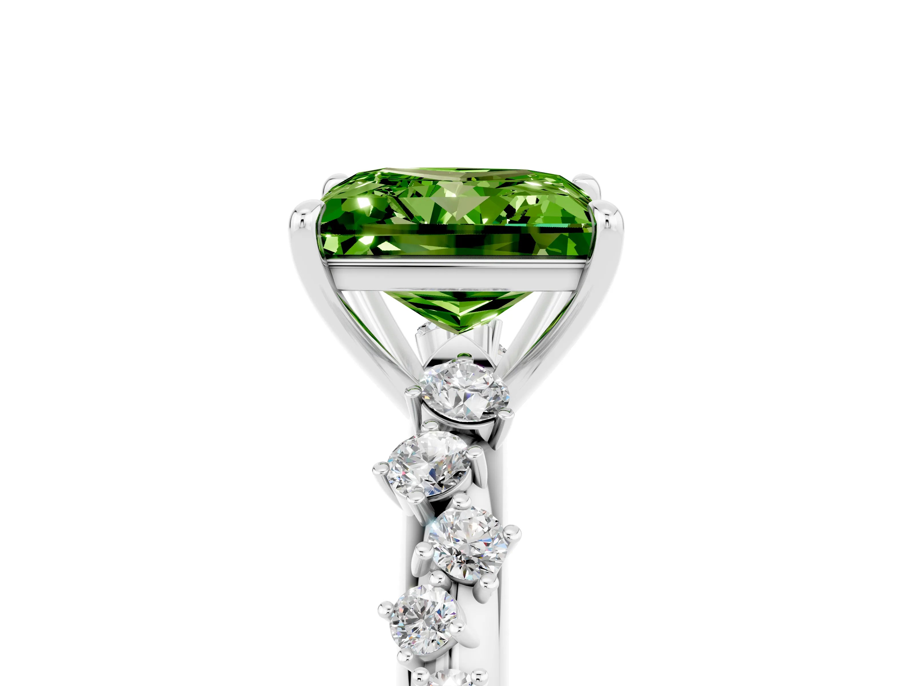 White gold Princess Cut Peridot Cluster Side Stone Solitaire Ring with Prong Setting_29