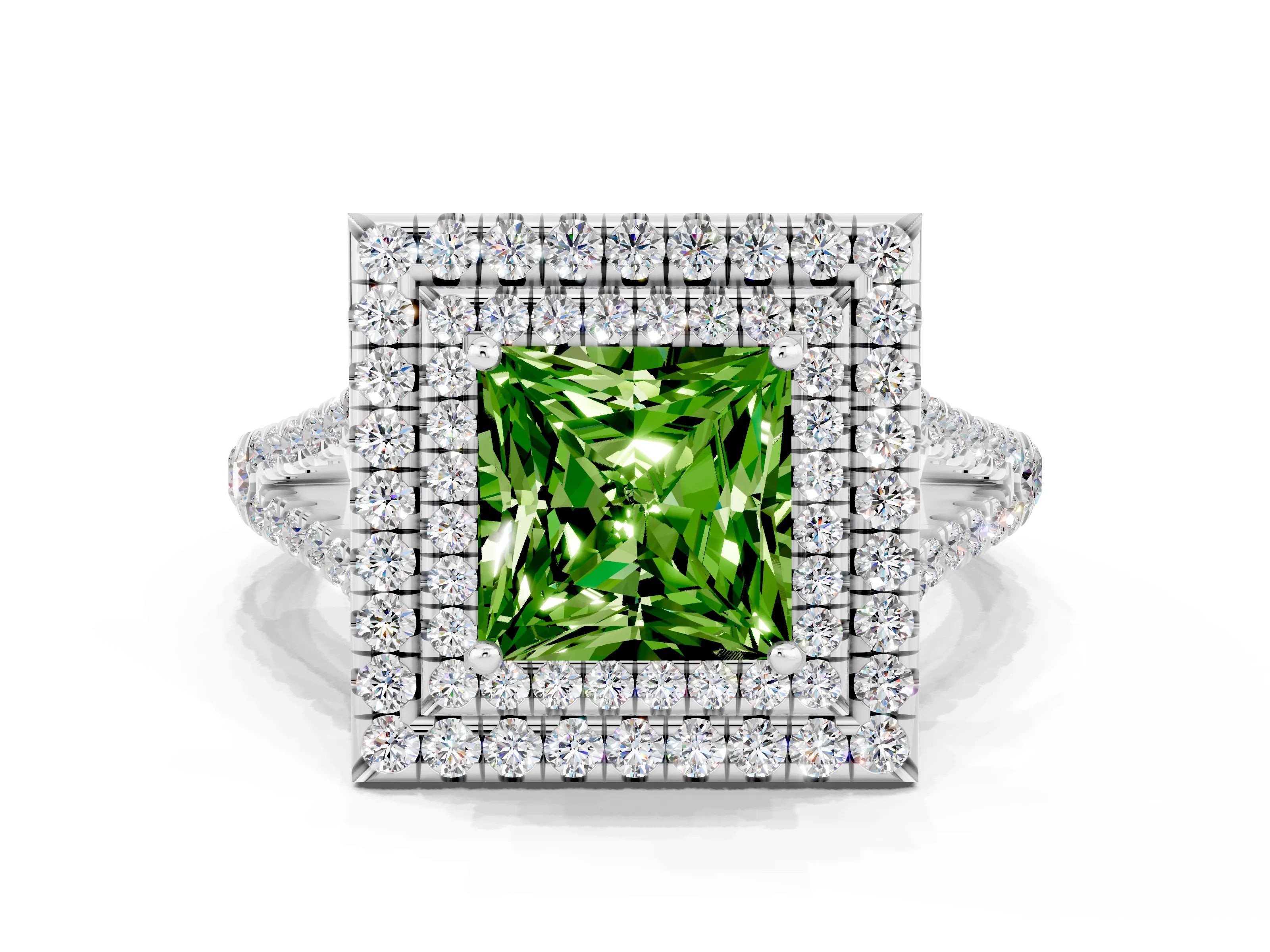 White gold Princess Cut Peridot Double Halo Ring with Pavé Band and Prong Setting_12