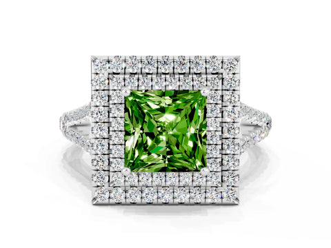White gold Princess Cut Peridot Double Halo Ring with Pavé Band and Prong Setting_12