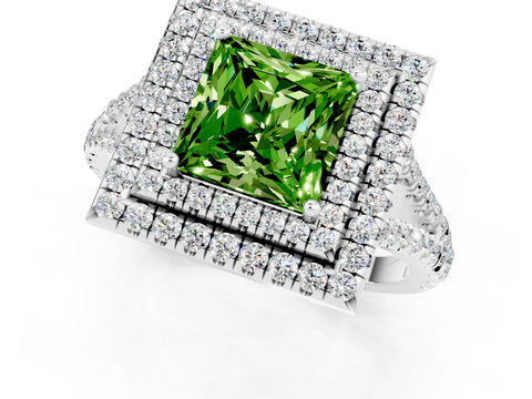 White gold Princess Cut Peridot Double Halo Ring with Pavé Band and Prong Setting_13