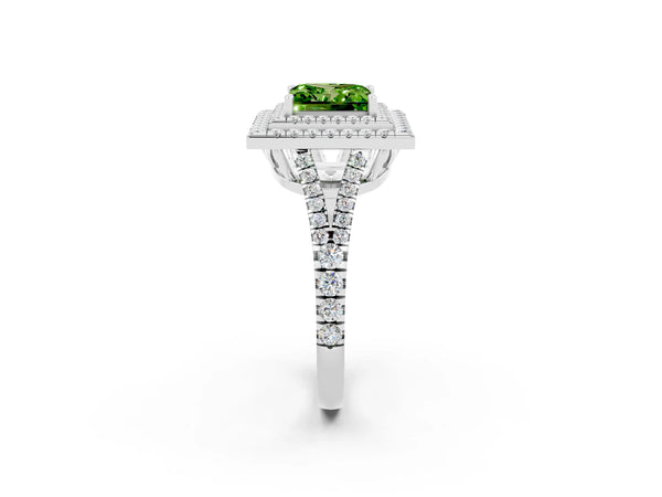 Platinum Princess Cut Peridot Double Halo Ring with Pavé Band and Prong Setting