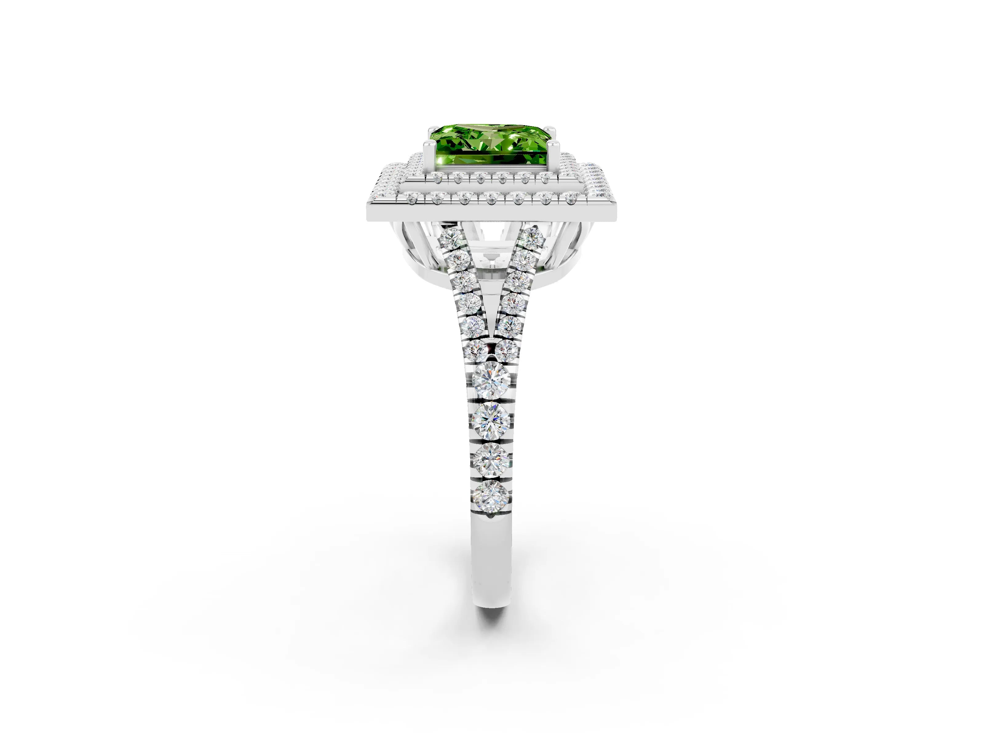 White gold Princess Cut Peridot Double Halo Ring with Pavé Band and Prong Setting_14