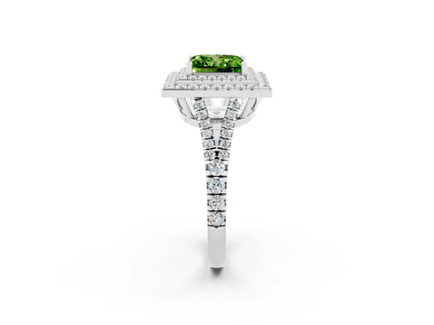 White gold Princess Cut Peridot Double Halo Ring with Pavé Band and Prong Setting_14