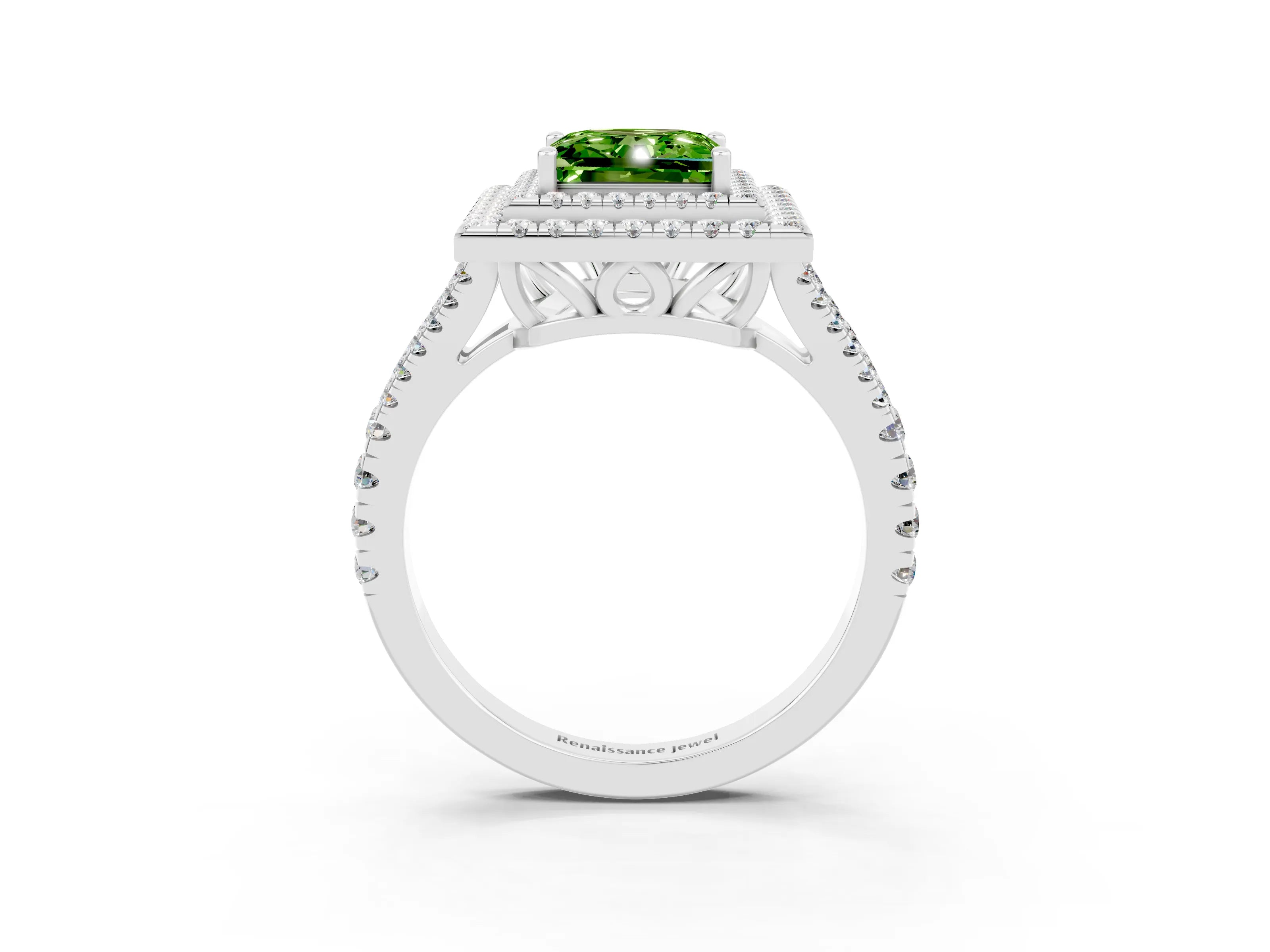 White gold Princess Cut Peridot Double Halo Ring with Pavé Band and Prong Setting_15
