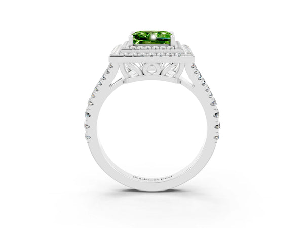 Platinum Princess Cut Peridot Double Halo Ring with Pavé Band and Prong Setting