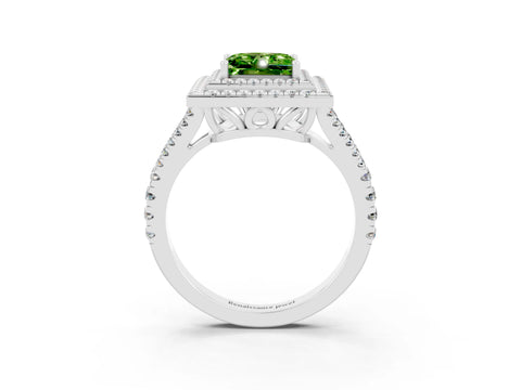 White gold Princess Cut Peridot Double Halo Ring with Pavé Band and Prong Setting_15