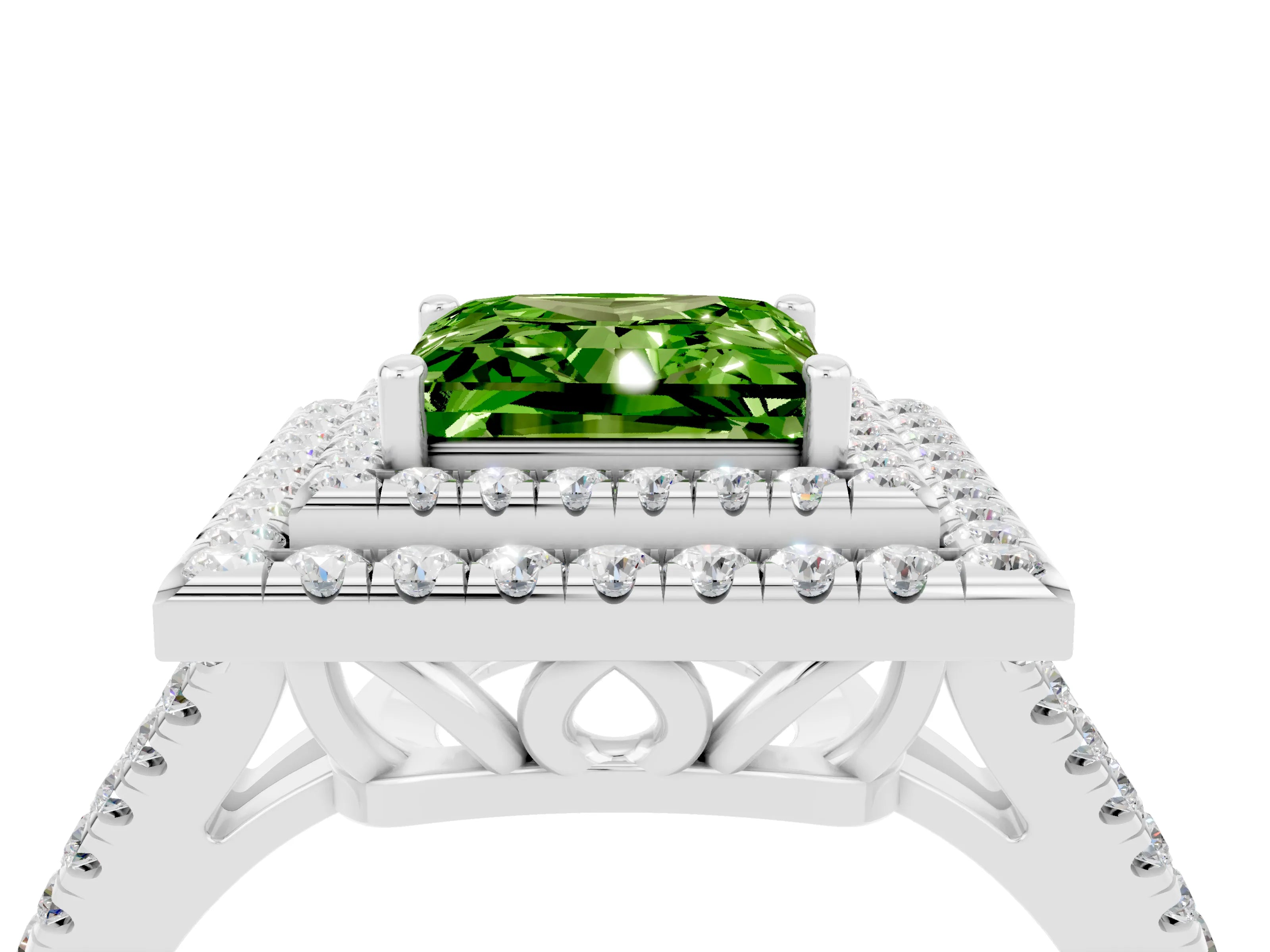 White gold Princess Cut Peridot Double Halo Ring with Pavé Band and Prong Setting_16
