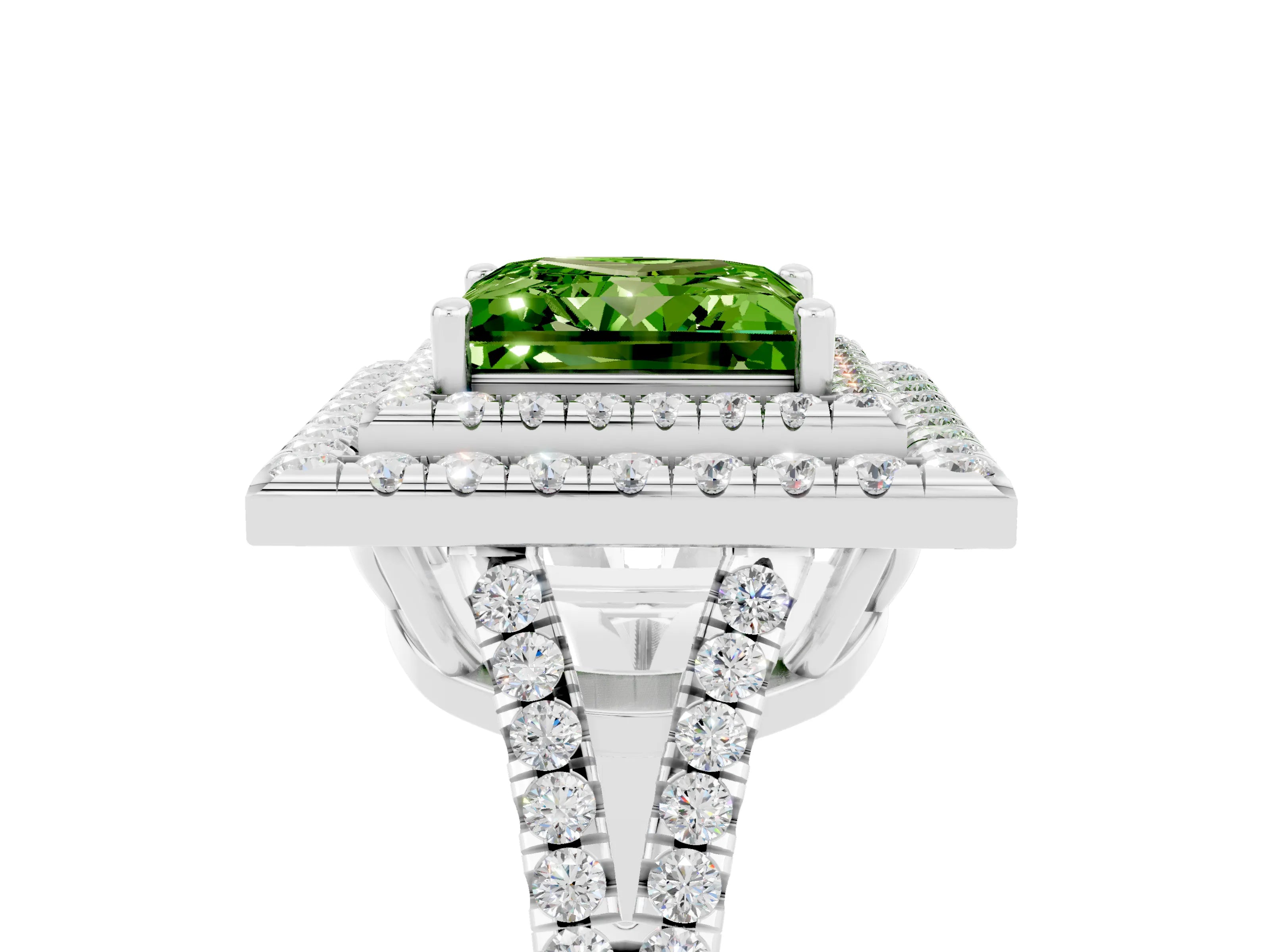 White gold Princess Cut Peridot Double Halo Ring with Pavé Band and Prong Setting_17