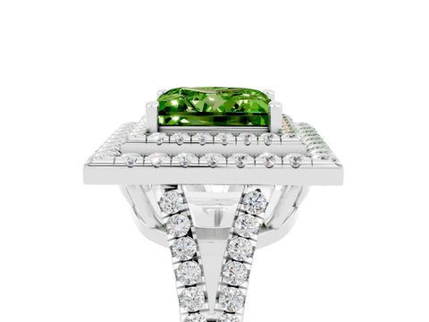 White gold Princess Cut Peridot Double Halo Ring with Pavé Band and Prong Setting_17