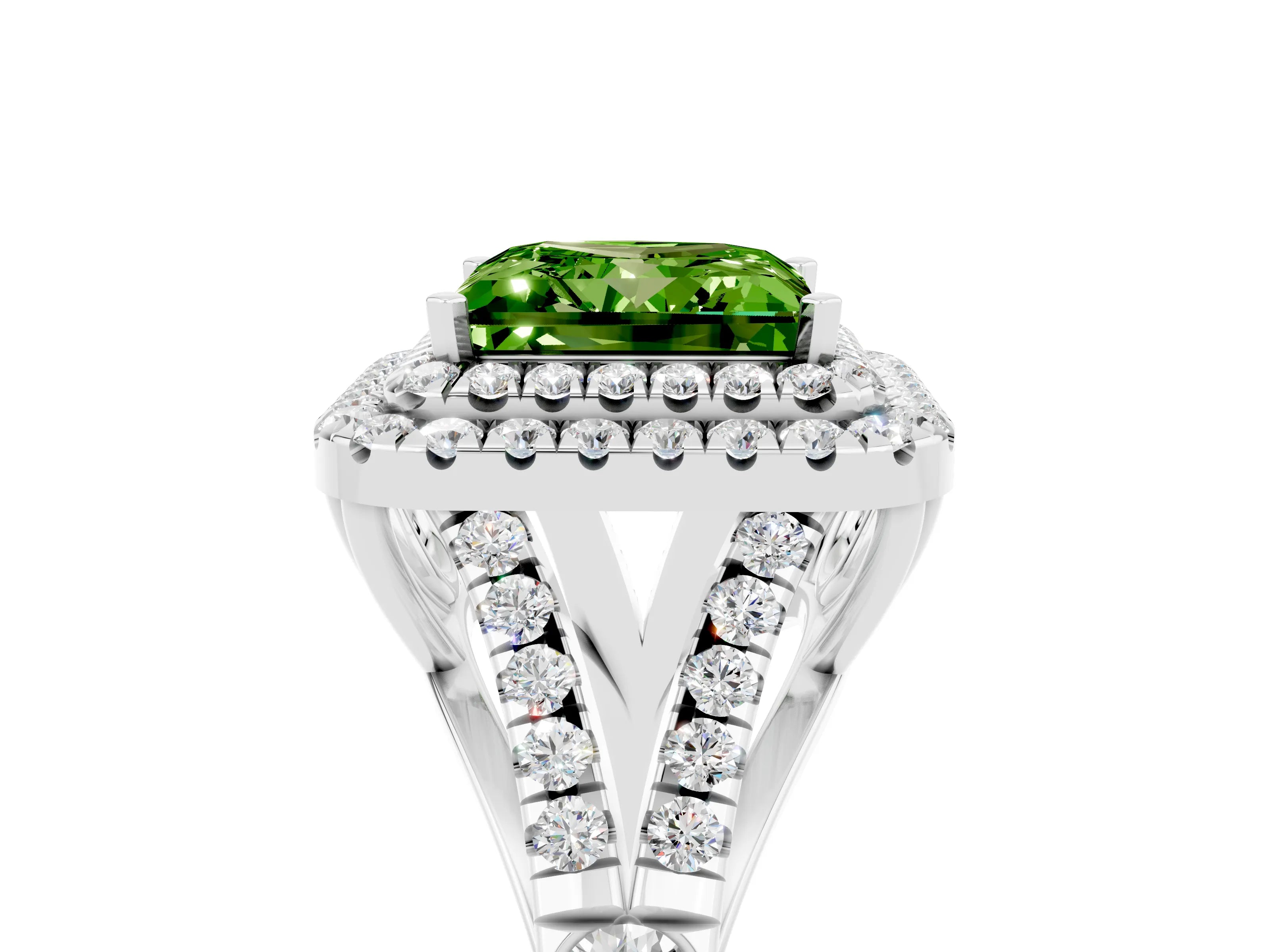 White gold Princess Cut Peridot Double Halo Ring with Split Shank and Prong Setting_17