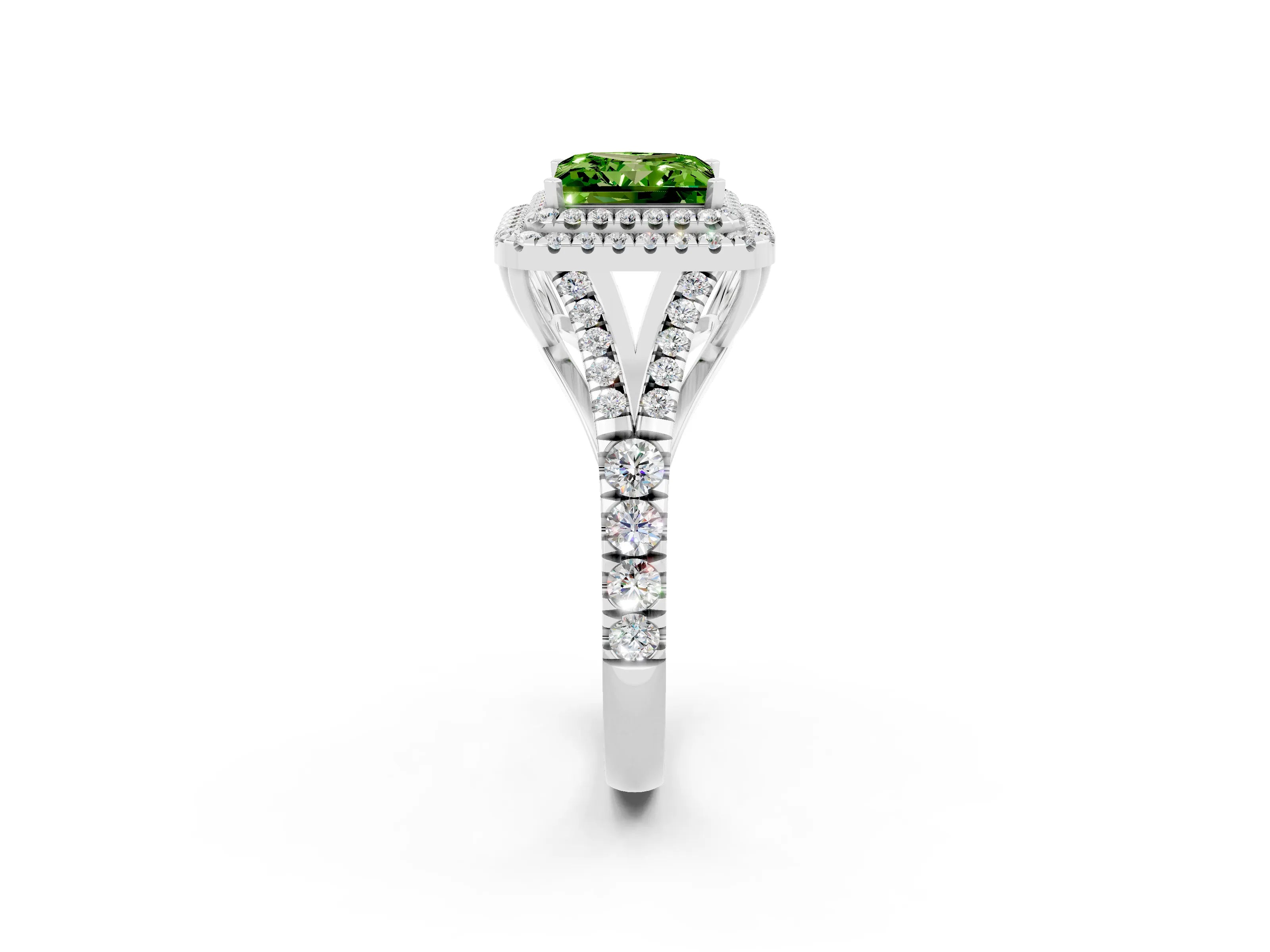 White gold Princess Cut Peridot Double Halo Ring with Split Shank and Prong Setting_26