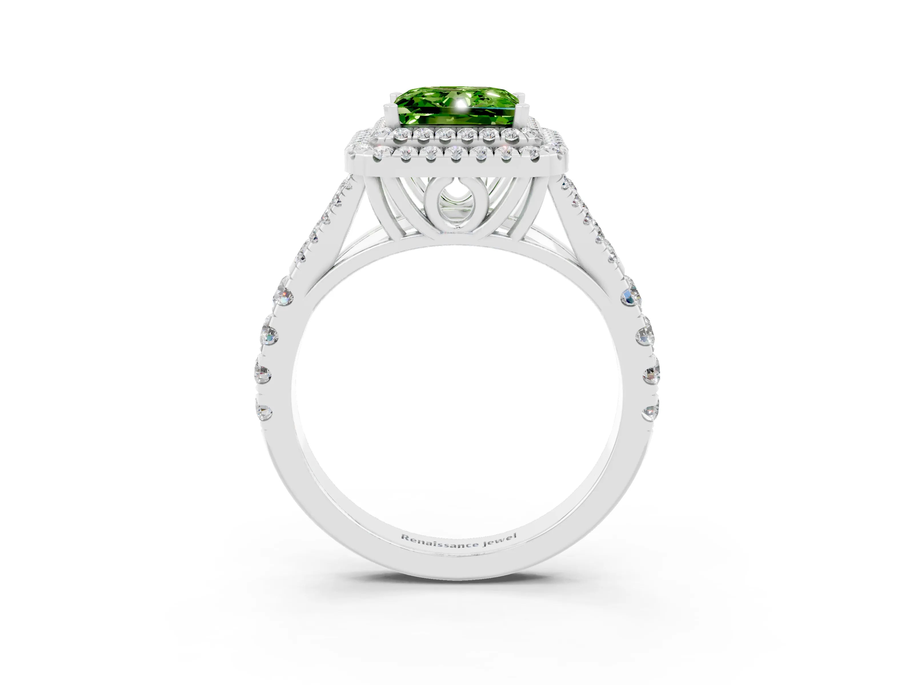 White gold Princess Cut Peridot Double Halo Ring with Split Shank and Prong Setting_27