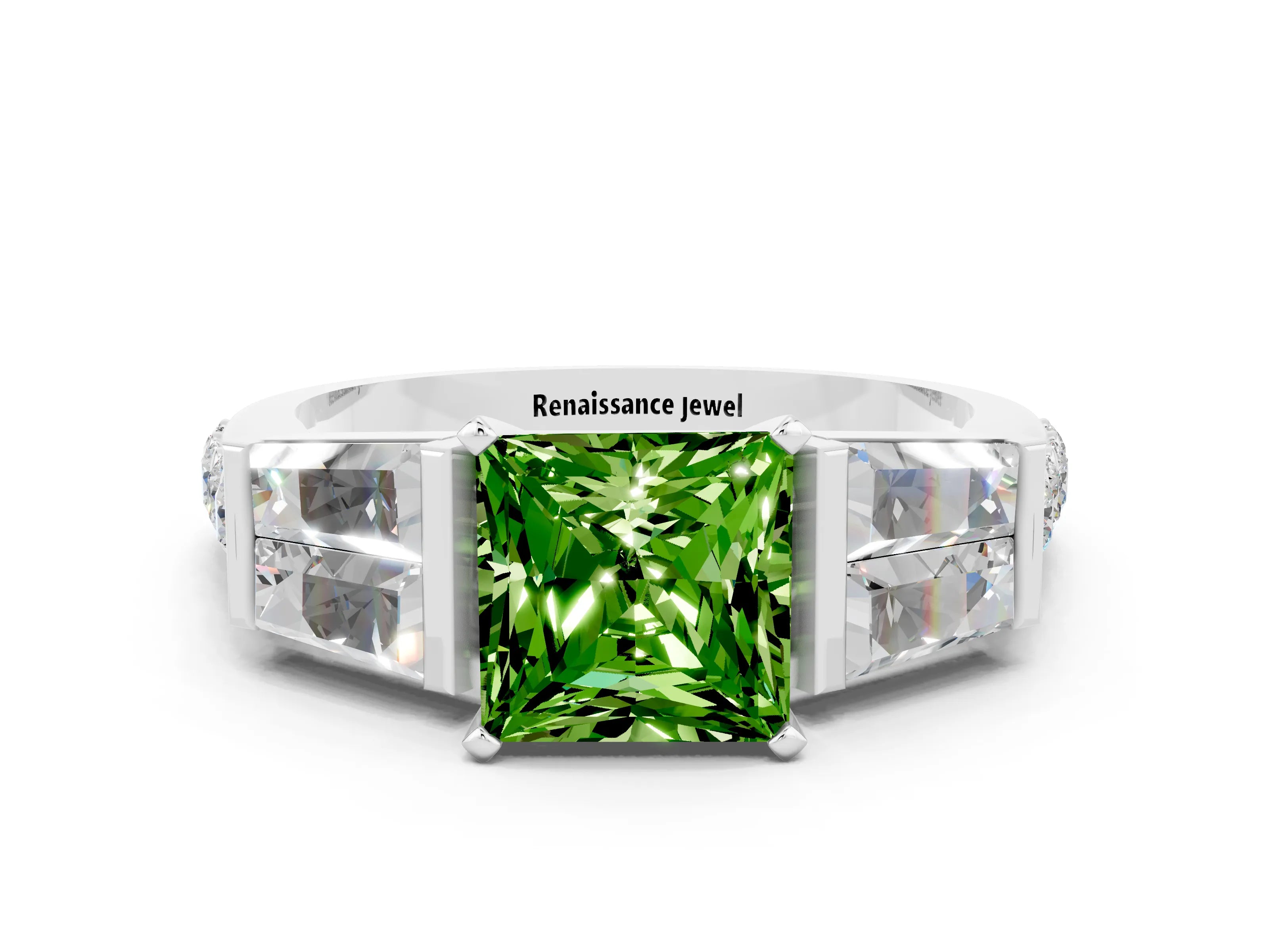 White gold Princess Cut Peridot Engagement Ring with Baguette Side Stones and Channel Set Band