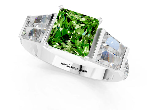 White gold Princess Cut Peridot Engagement Ring with Baguette Side Stones and Channel Set Band_1
