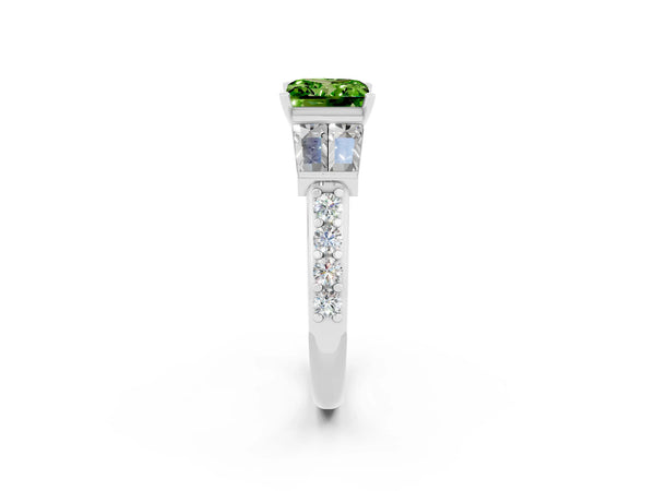 Silver Princess Cut Peridot Engagement Ring with Baguette Side Stones and Channel Set Band